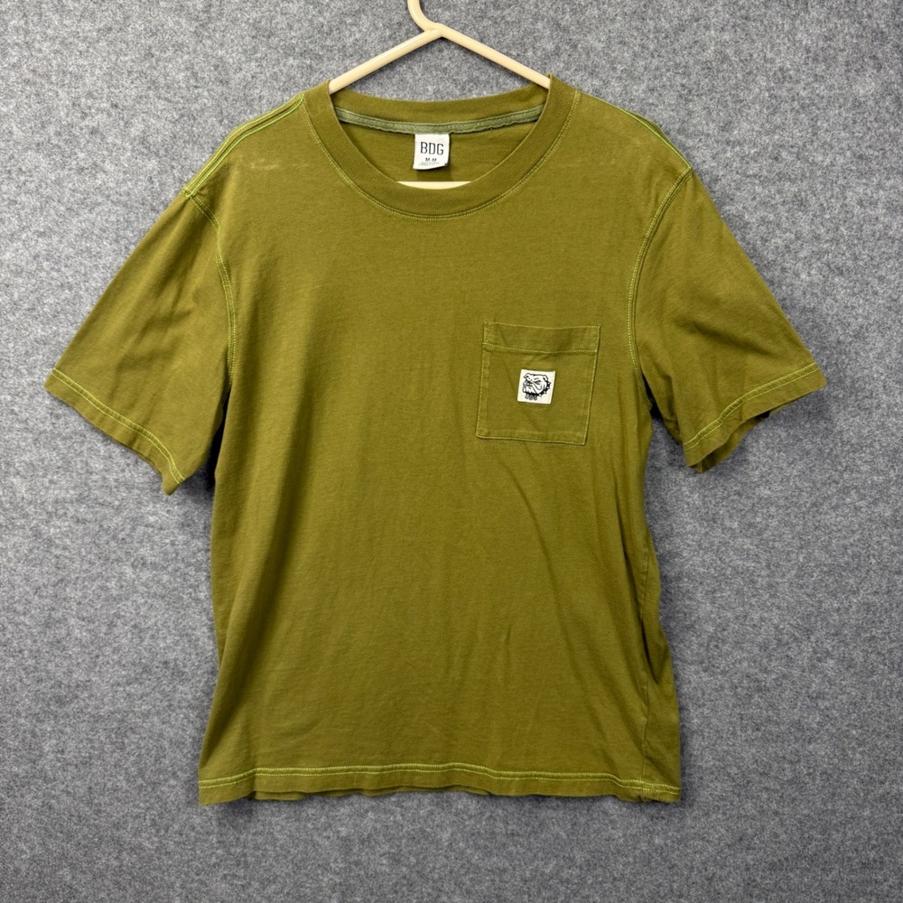 BDG Mens Olive Green Contrast Stitch Pocket T-Shirt Bulldog Patch Size‎ Medium